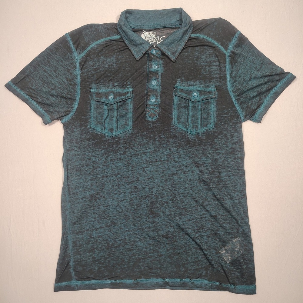 Archaic Polo Mens Small Short Sleeve Burnout Dual Pocket Teal Black 68E01747JC